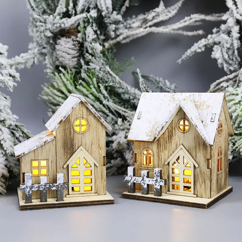 Christmas LED Light Wooden House Luminous Cabin Merry Christmas Decorations for Home DIY Xmas Tree Ornaments Kids Gift New Year