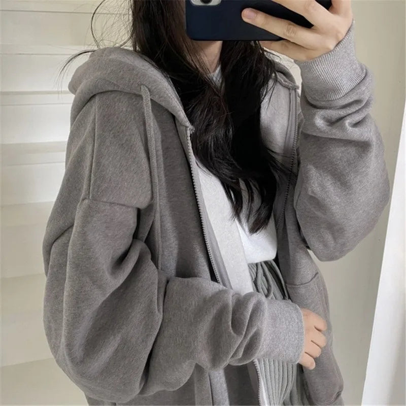 Women Hoodies 2025 Autumn Retro Solid Color Zip Up Oversized Sweatshirts Harajuku Korean Version Long Sleeve Hooded Jackets Coat