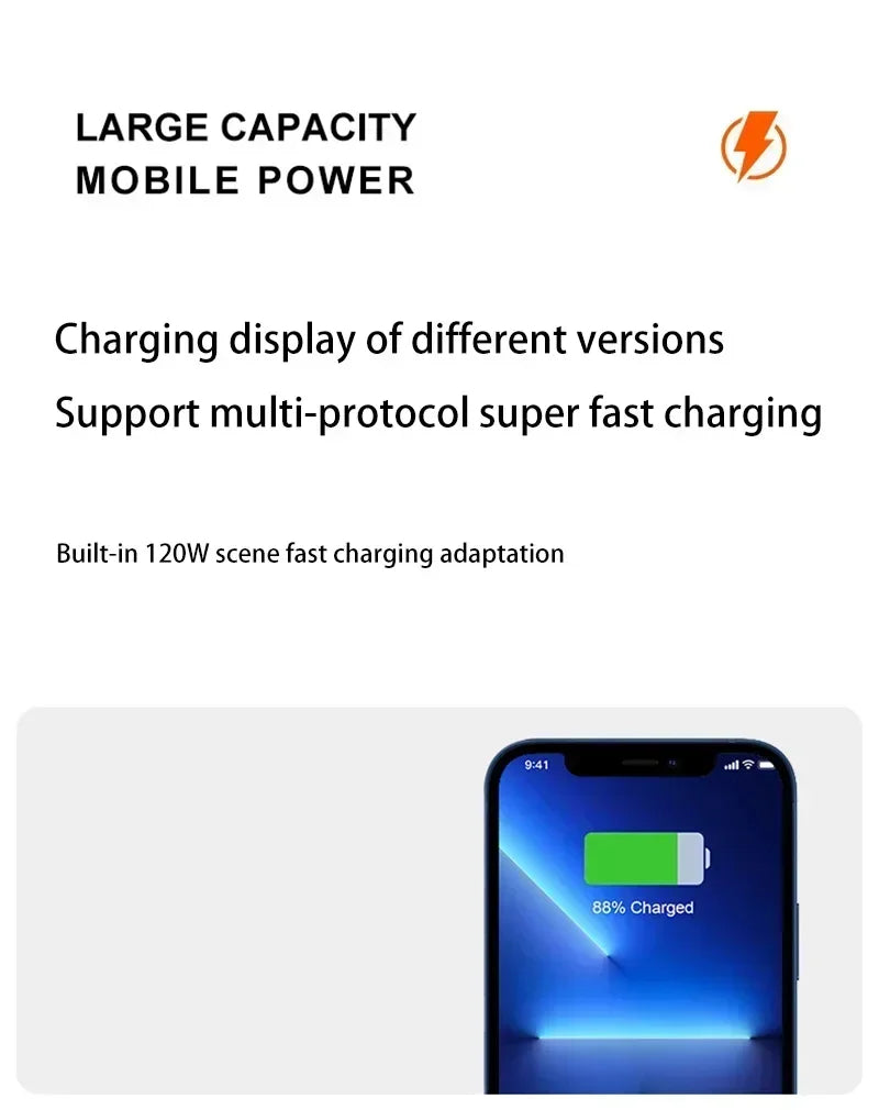 120W Fast Charging Power Bank 200000mAh Ultralarge Capacity Portable Digital Display External Battery For iPhone Samsung