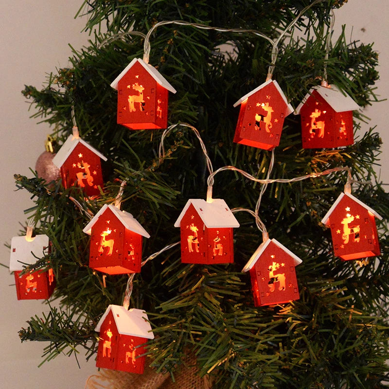 Christmas Wooden House LED String Light Xmas Tree Hanging Ornament 2024 Christmas Decoration For Home Kids New Year Gift Navidad