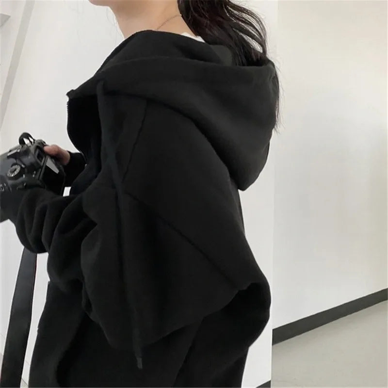 Women Hoodies 2025 Autumn Retro Solid Color Zip Up Oversized Sweatshirts Harajuku Korean Version Long Sleeve Hooded Jackets Coat