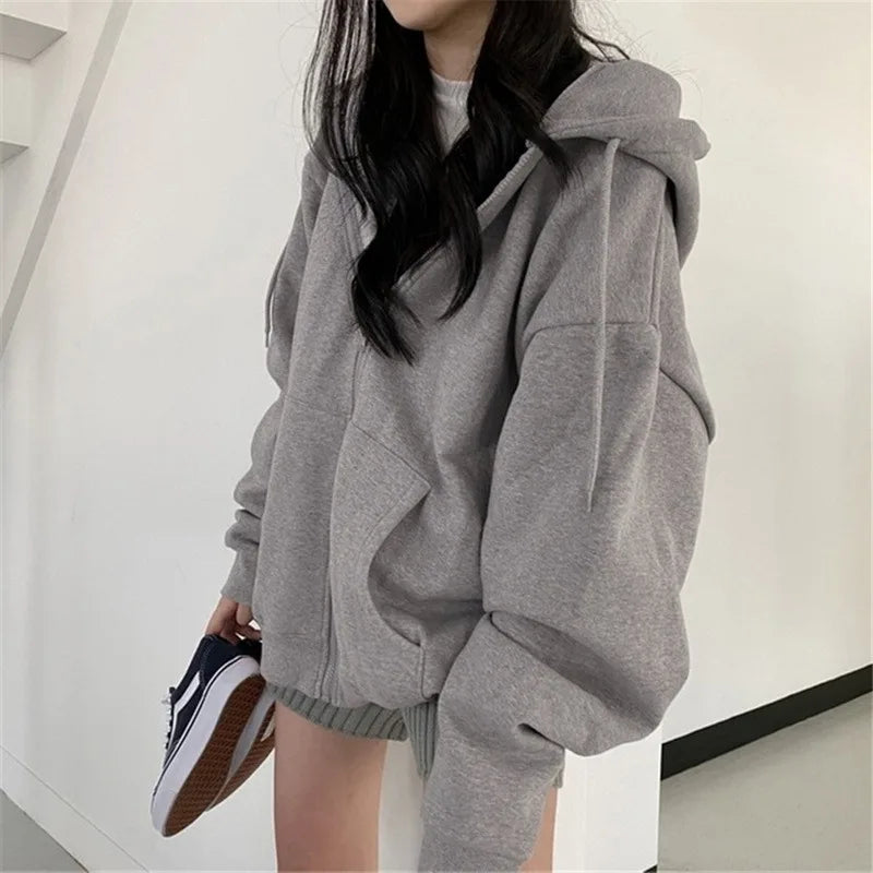 Women Hoodies 2025 Autumn Retro Solid Color Zip Up Oversized Sweatshirts Harajuku Korean Version Long Sleeve Hooded Jackets Coat