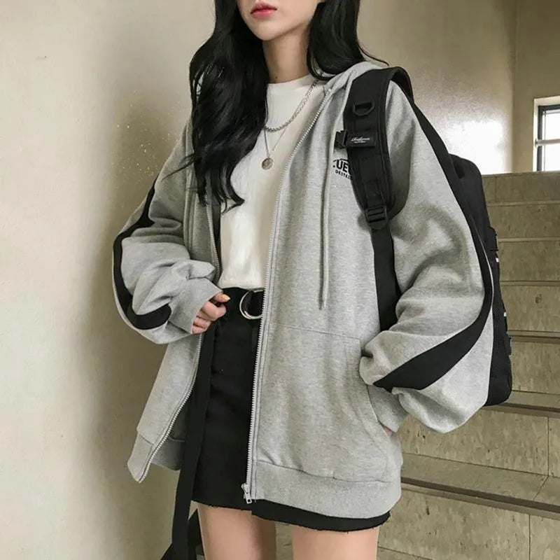 Women Hoodies 2025 Autumn Retro Solid Color Zip Up Oversized Sweatshirts Harajuku Korean Version Long Sleeve Hooded Jackets Coat