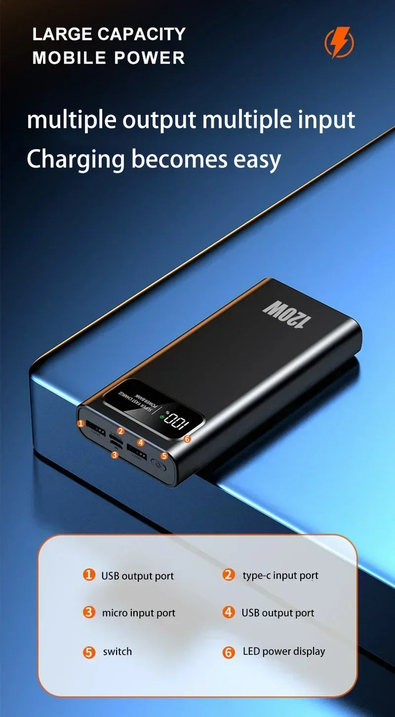 120W Fast Charging Power Bank 200000mAh Ultralarge Capacity Portable Digital Display External Battery For iPhone Samsung