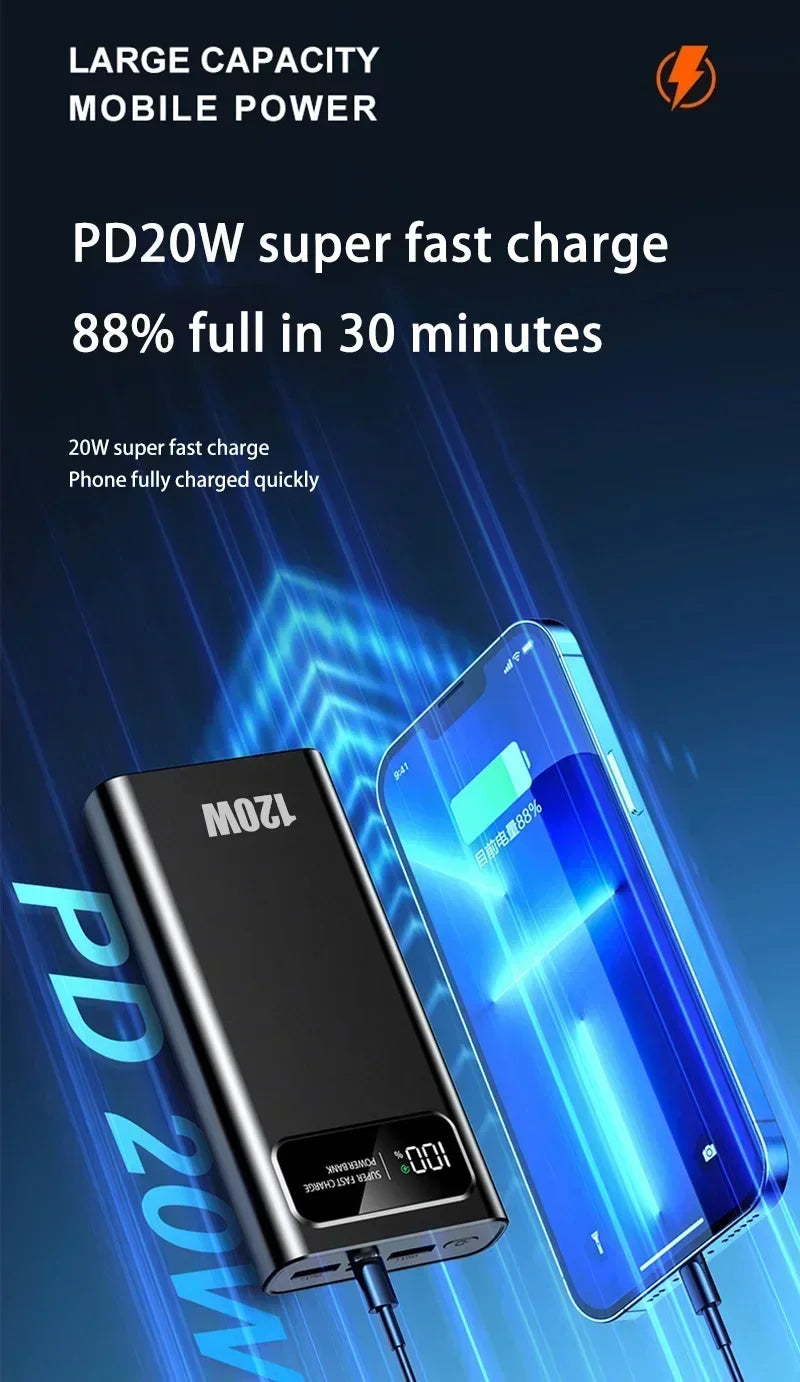 120W Fast Charging Power Bank 200000mAh Ultralarge Capacity Portable Digital Display External Battery For iPhone Samsung