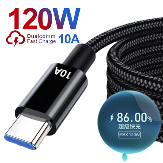 120W 10A Super Fast Charging Type C Data Cables Sturdy Nylon Braid USB C Mobile Phone Wire Cord for iPhone Samsung S24 S23 Xiaomi