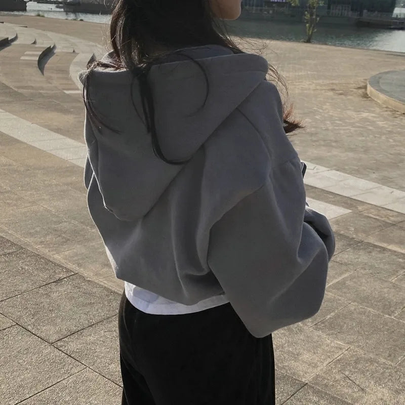 Women Hoodies 2025 Autumn Retro Solid Color Zip Up Oversized Sweatshirts Harajuku Korean Version Long Sleeve Hooded Jackets Coat