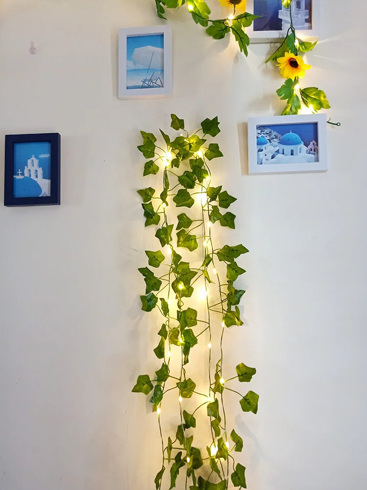 12/10/2m Fake Green Leaf Ivy Vine with LED Lights Home Bedroom Decor Wedding Glowing Artifical Plant Garland Home Decor