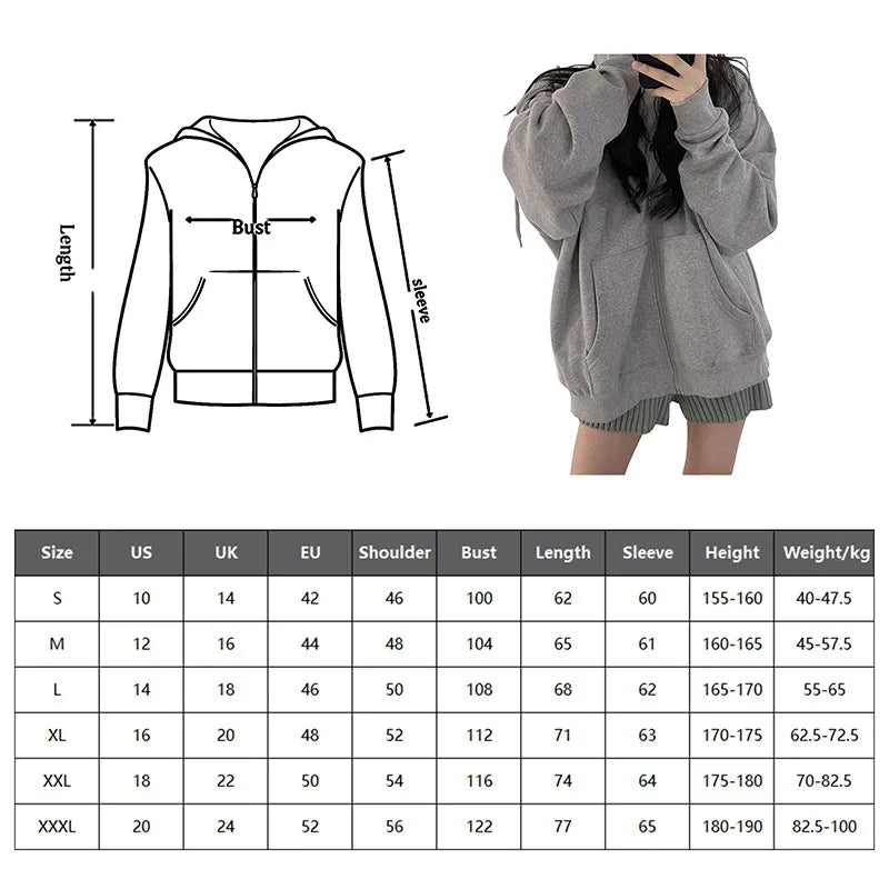 Women Hoodies 2025 Autumn Retro Solid Color Zip Up Oversized Sweatshirts Harajuku Korean Version Long Sleeve Hooded Jackets Coat