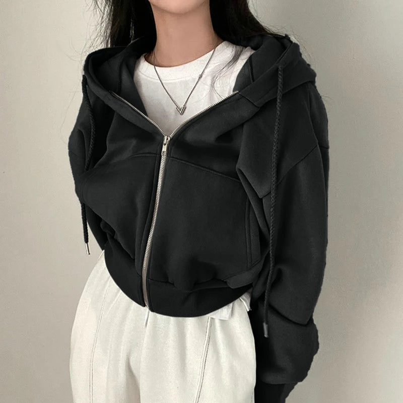 Women Hoodies 2025 Autumn Retro Solid Color Zip Up Oversized Sweatshirts Harajuku Korean Version Long Sleeve Hooded Jackets Coat